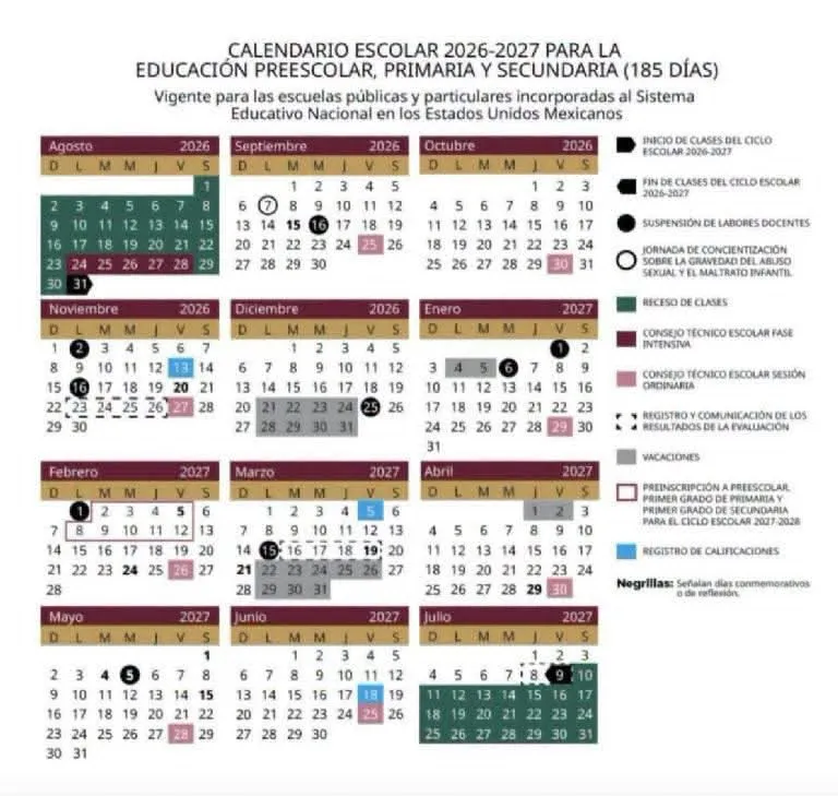 SEP perfila calendario escolar 2026-2027 con 185 días de clases