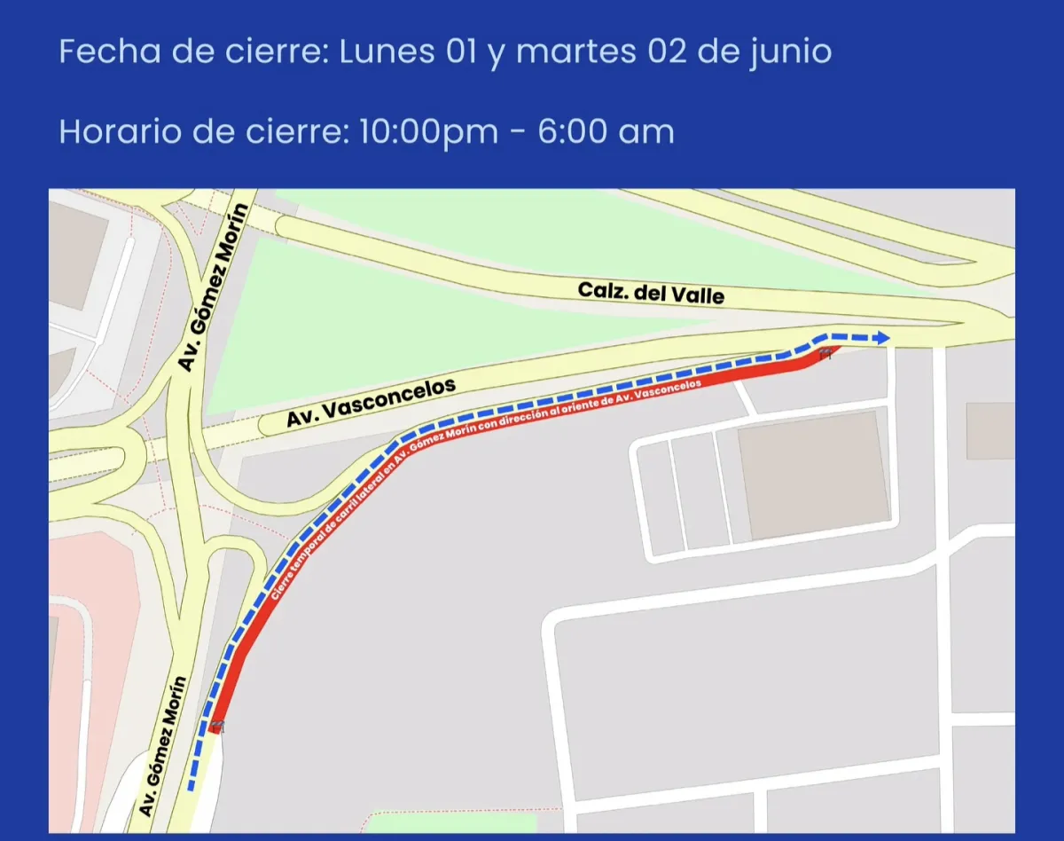 Anuncian cierre nocturno en lateral de Avenida Gómez Morín por trabajos de obra