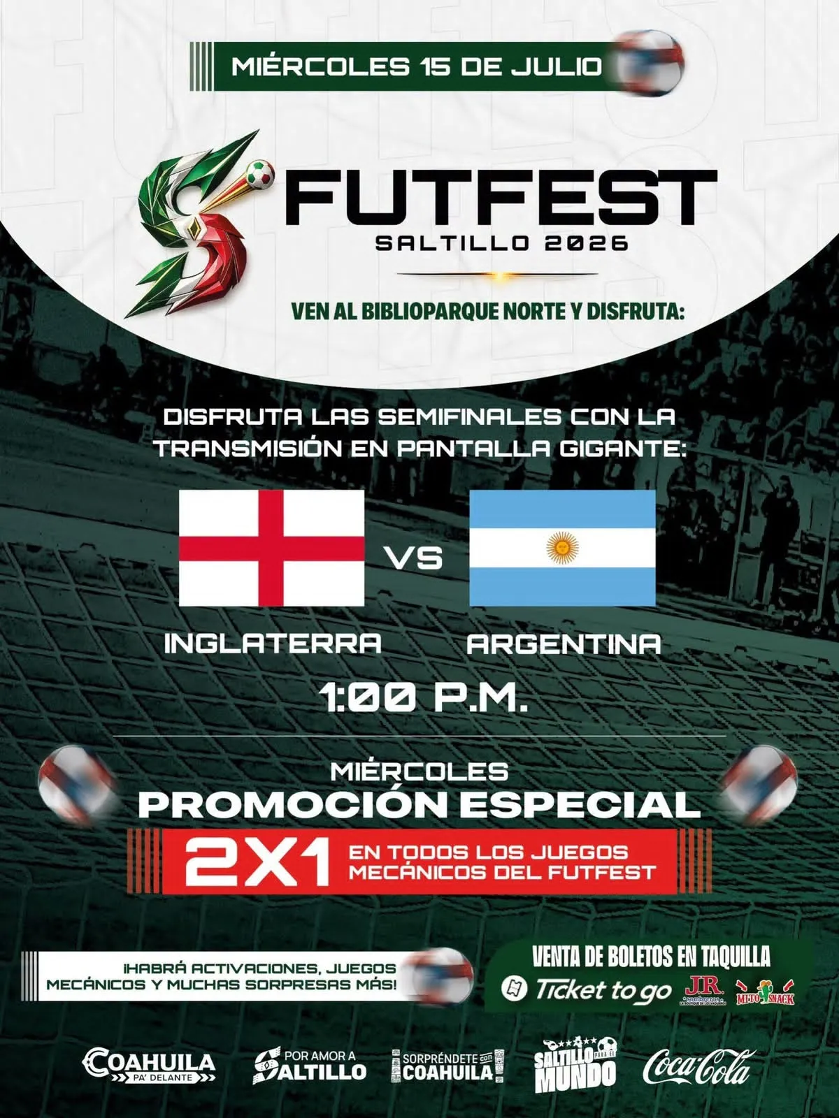 FUTFEST Saltillo proyectará semifinal Inglaterra-Argentina con promoción 2x1