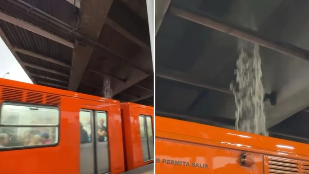 Lluvias convierten estación Nezahualcóyotl del Metro CDMX en “cascada”; agua cayó sobre un vagón de Línea B