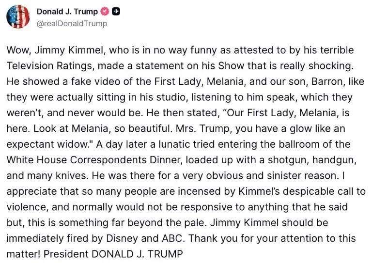 Donald Trump pide despido de Jimmy Kimmel tras polémica broma sobre Melania Trump
