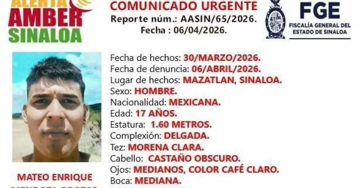 Activan Alerta Amber por adolescente desaparecido tras viajar de Torreón a Mazatlán