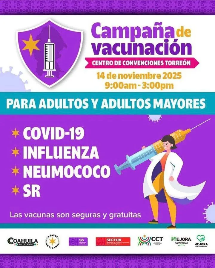 Torreón realizará jornada especial de vacunación para proteger a adultos y adultos mayores este 14 de noviembre