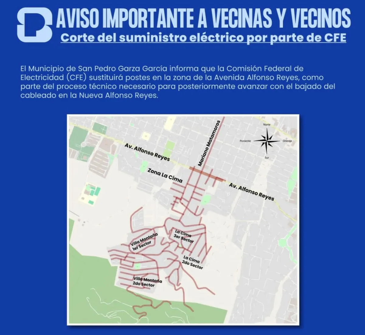 Trabajos de la CFE provocarán cortes de luz y cierres viales en Alfonso Reyes este viernes