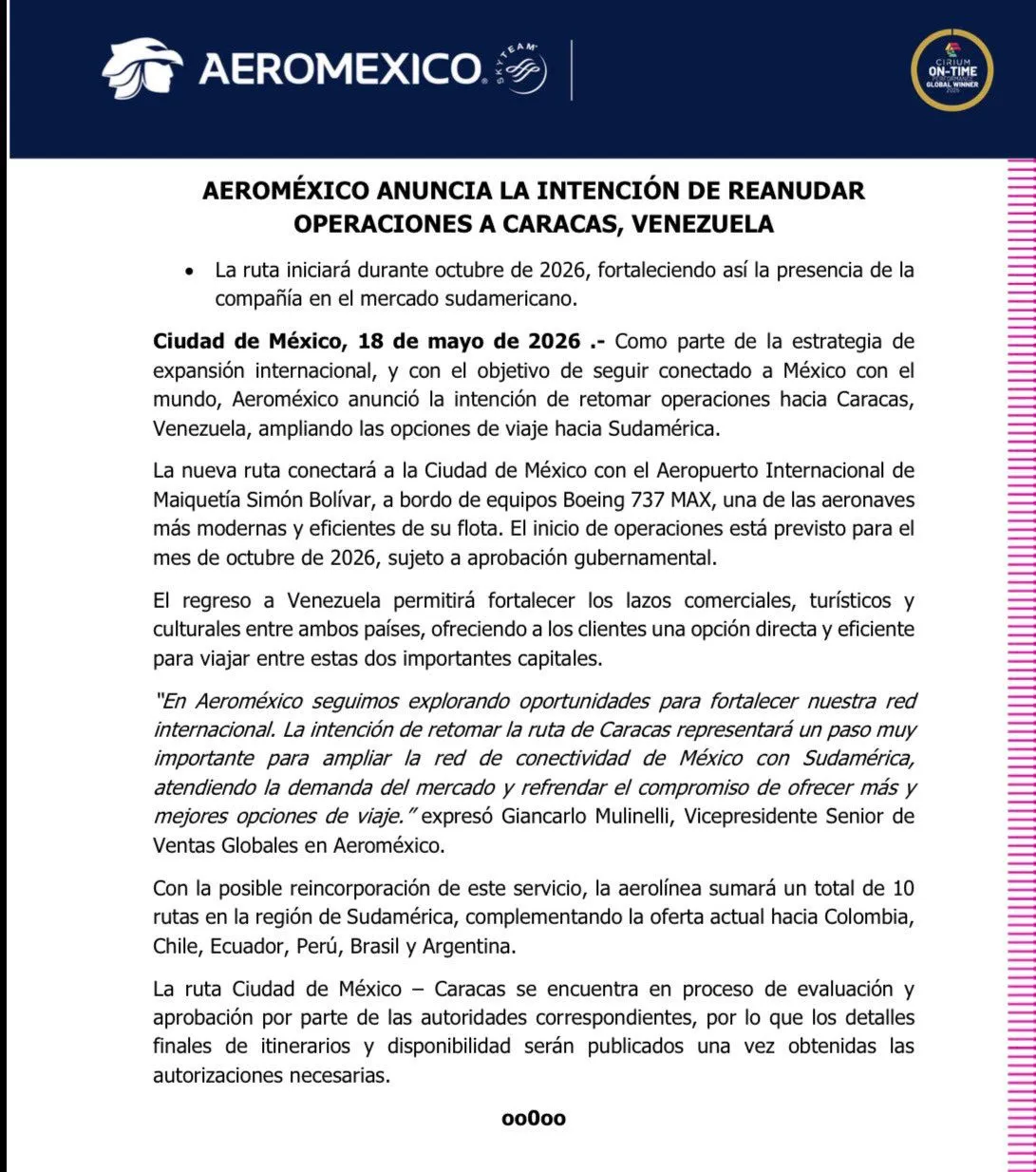 Aeroméxico reanudará vuelos directos a Venezuela tras casi 10 años sin operaciones