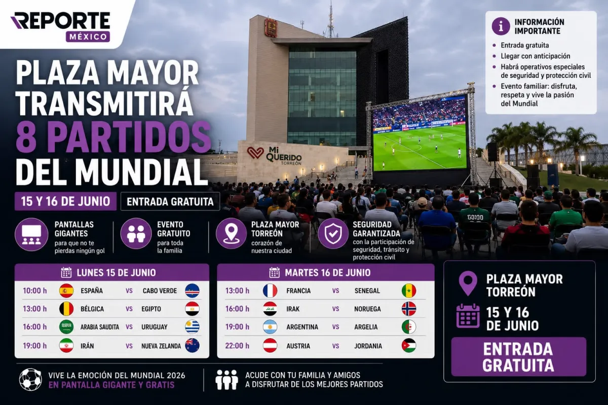 Torreón llevará el Mundial a la Plaza Mayor con transmisión gratuita de ocho partidos