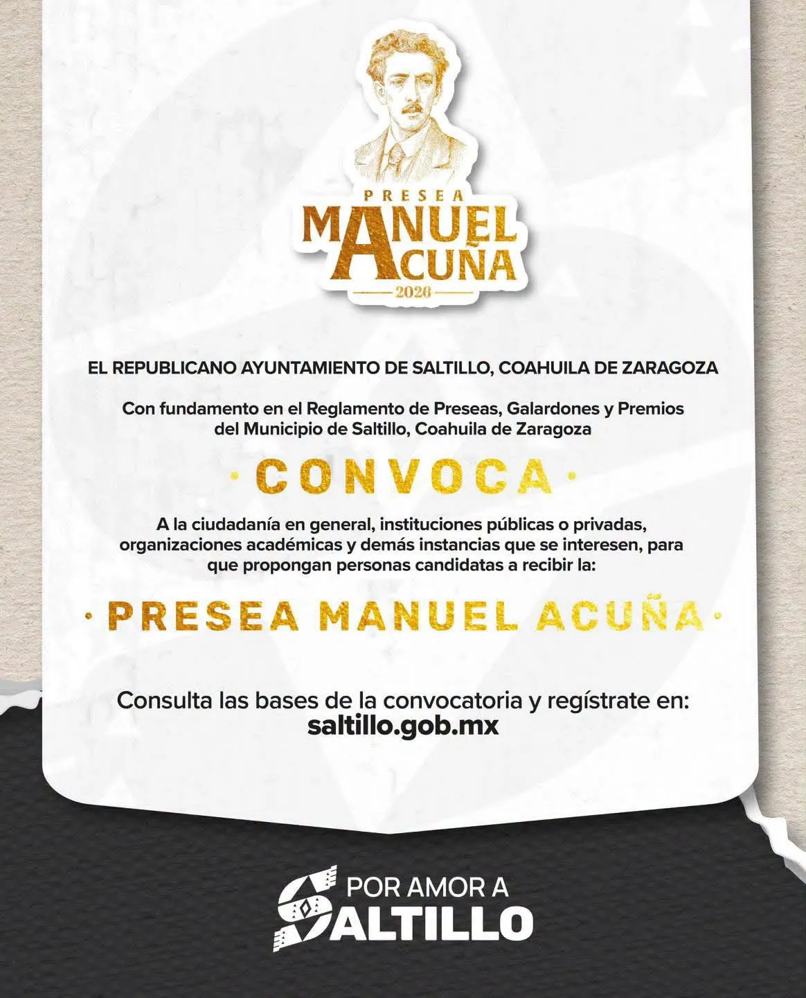 Abre Saltillo convocatoria para la Presea Manuel Acuña 2026