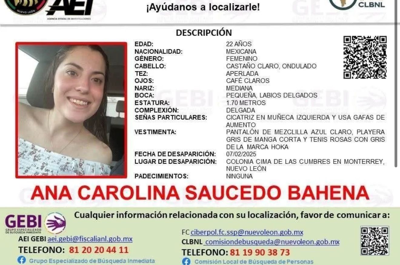 Buscan a Ana Carolina Saucedo Bahena, joven desaparecida en Monterrey