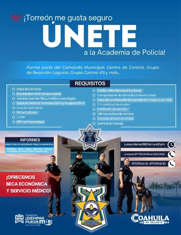 Torreón abre convocatoria para integrar nuevos policías a la corporación municipal