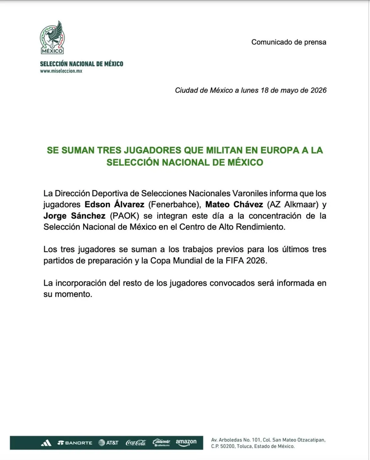 Edson Álvarez, Mateo Chávez y Jorge Sánchez se unen a la selección Méxicana convocada rumbo al Mundial 2026