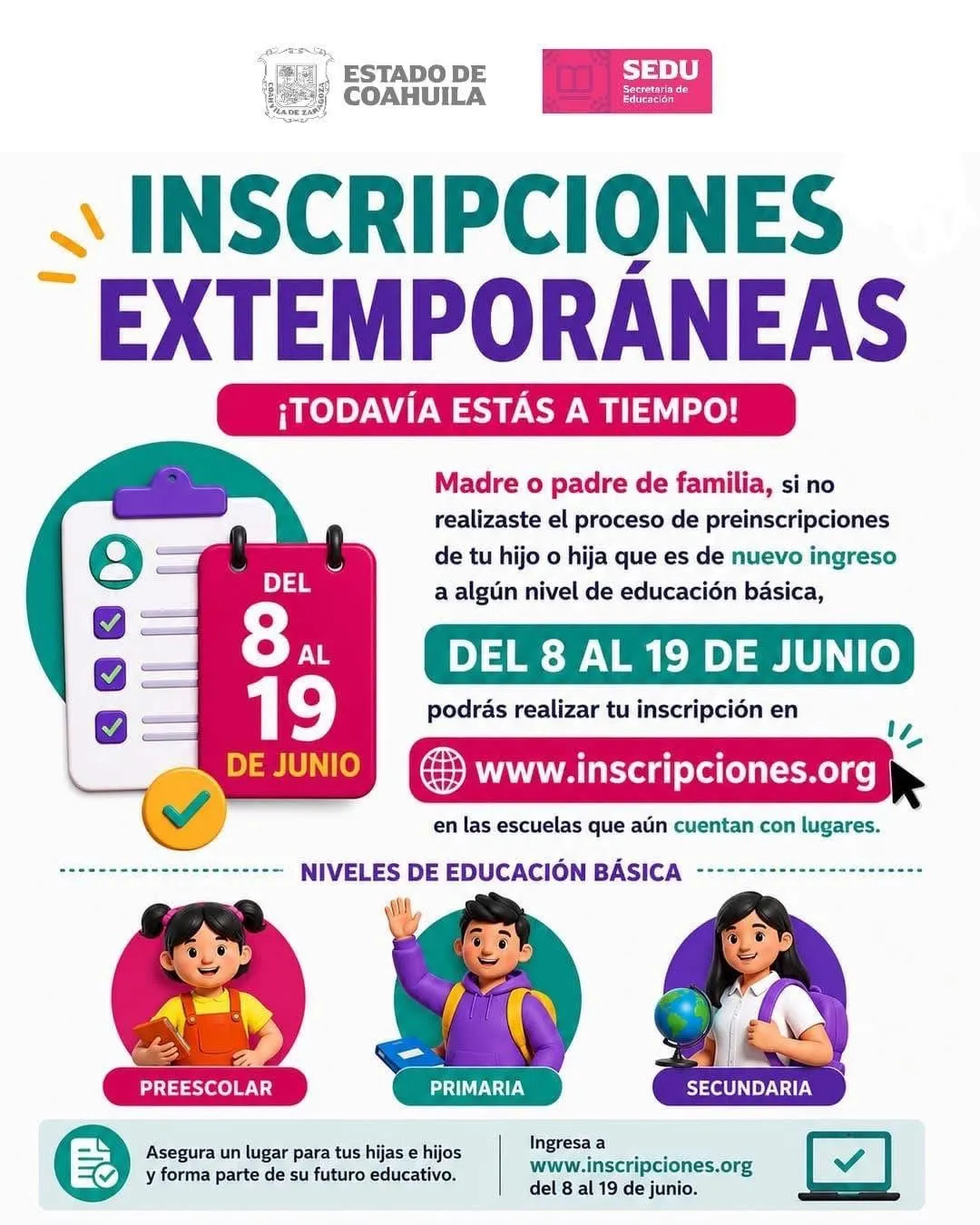Abren periodo de inscripciones extemporáneas para educación básica en Coahuila