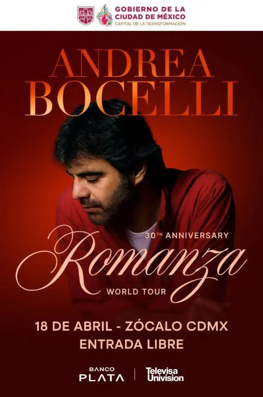 CDMX anuncia concierto gratuito de Andrea Bocelli en el Zócalo