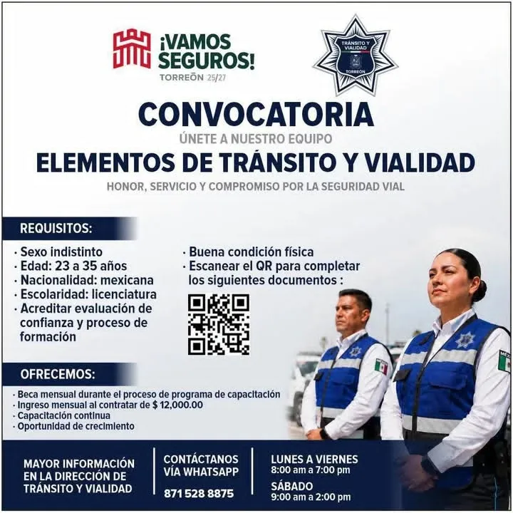 Torreón busca nuevos agentes de Tránsito; ofrecen sueldo de $12 mil