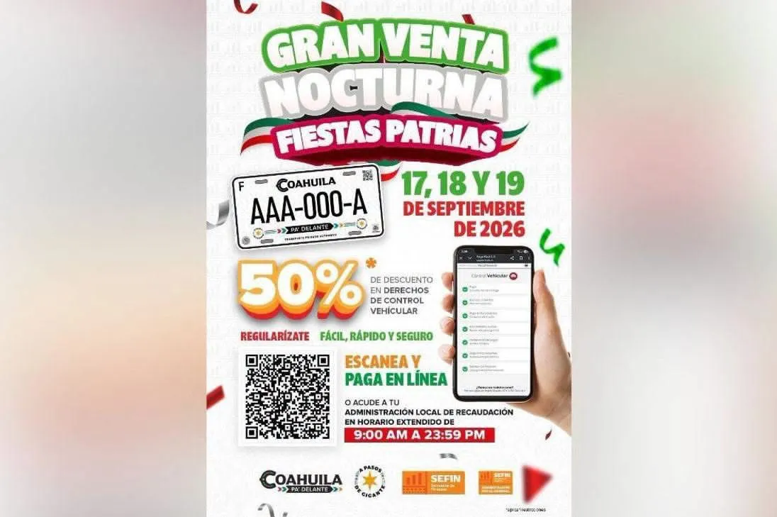 Anuncian 50% de descuento en adeudos vehiculares durante venta nocturna en Coahuila