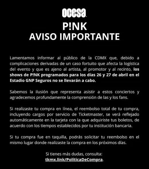 Pink suspende sus conciertos en la Ciudad de México previstos para abril