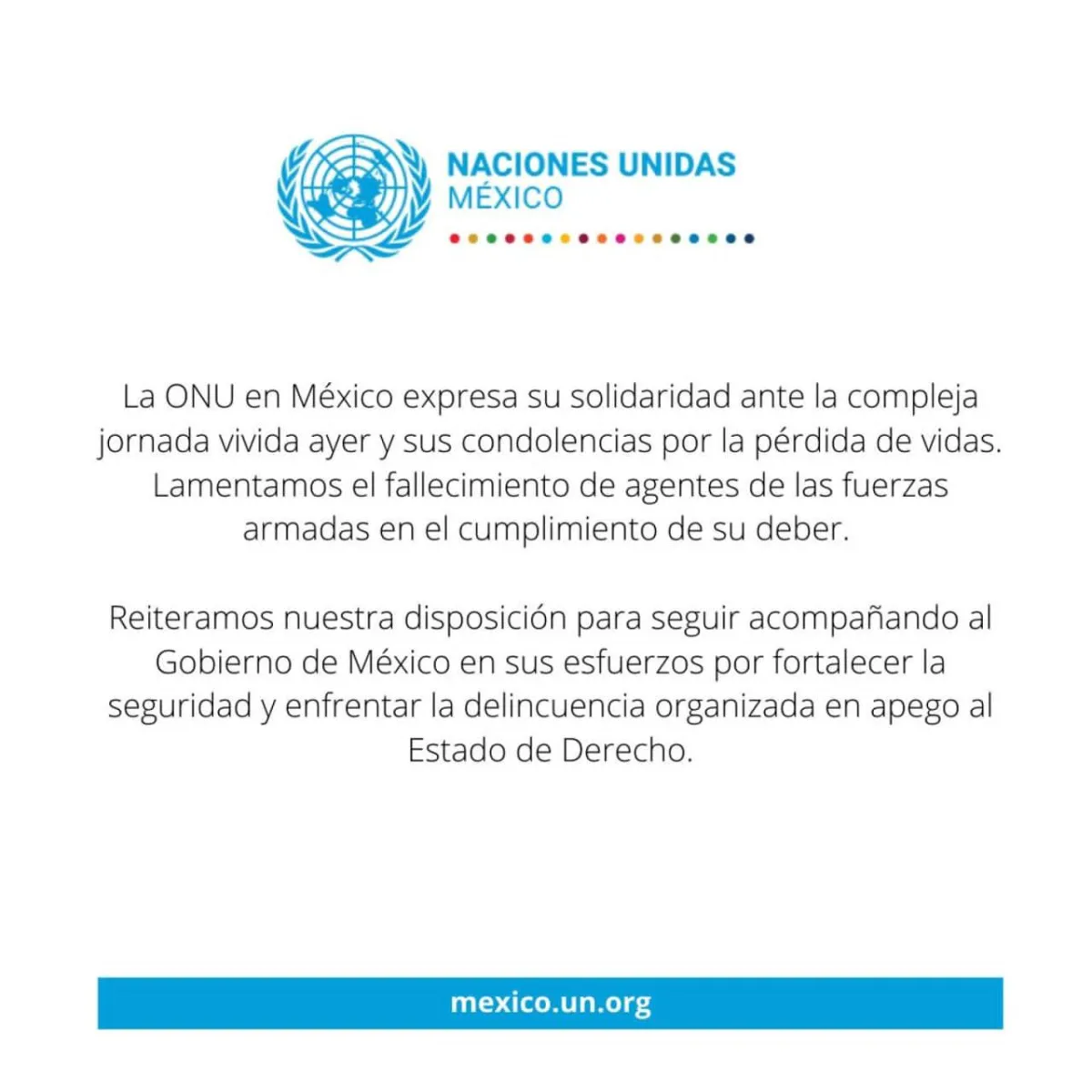 ONU expresa solidaridad con México tras jornada de violencia