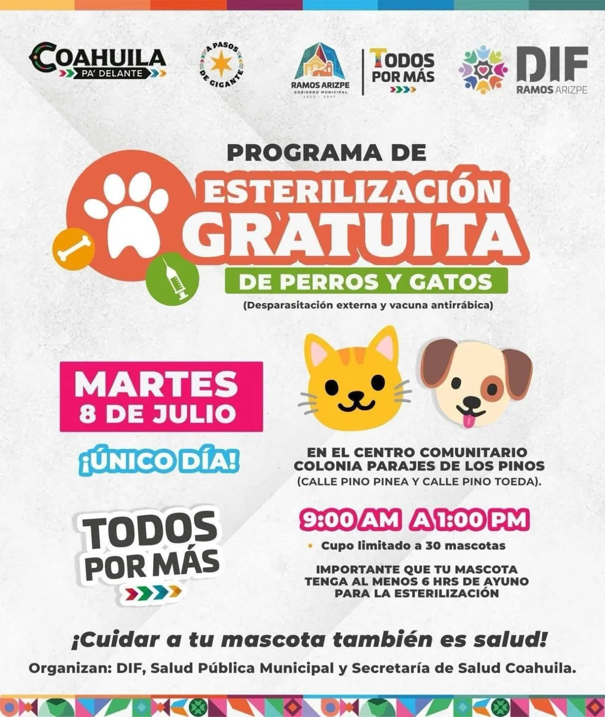 Jornada gratuita de esterilización de mascotas en Ramos Arizpe este martes