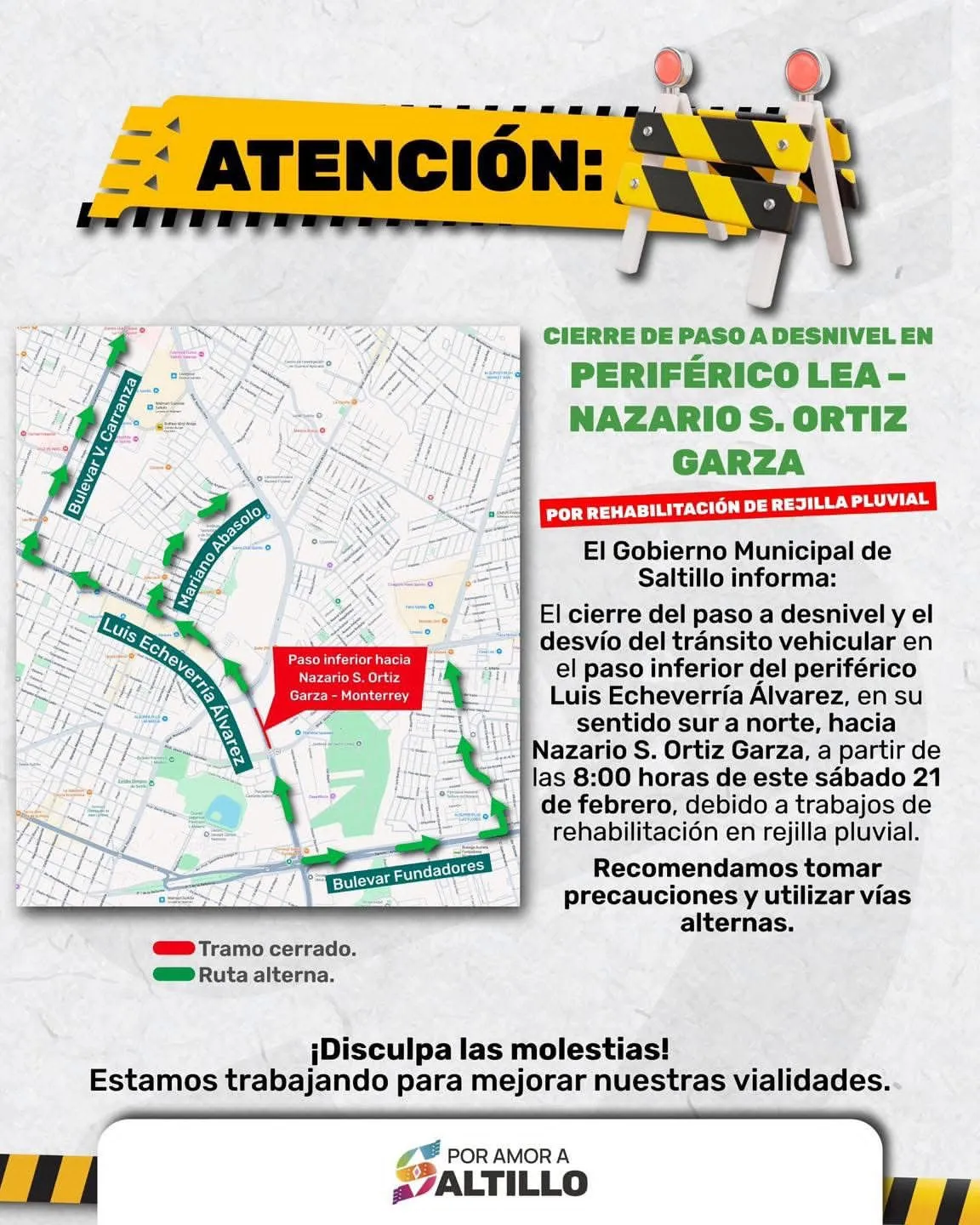 Anuncian cierre temporal en paso a desnivel de Luis Echeverría en Saltillo