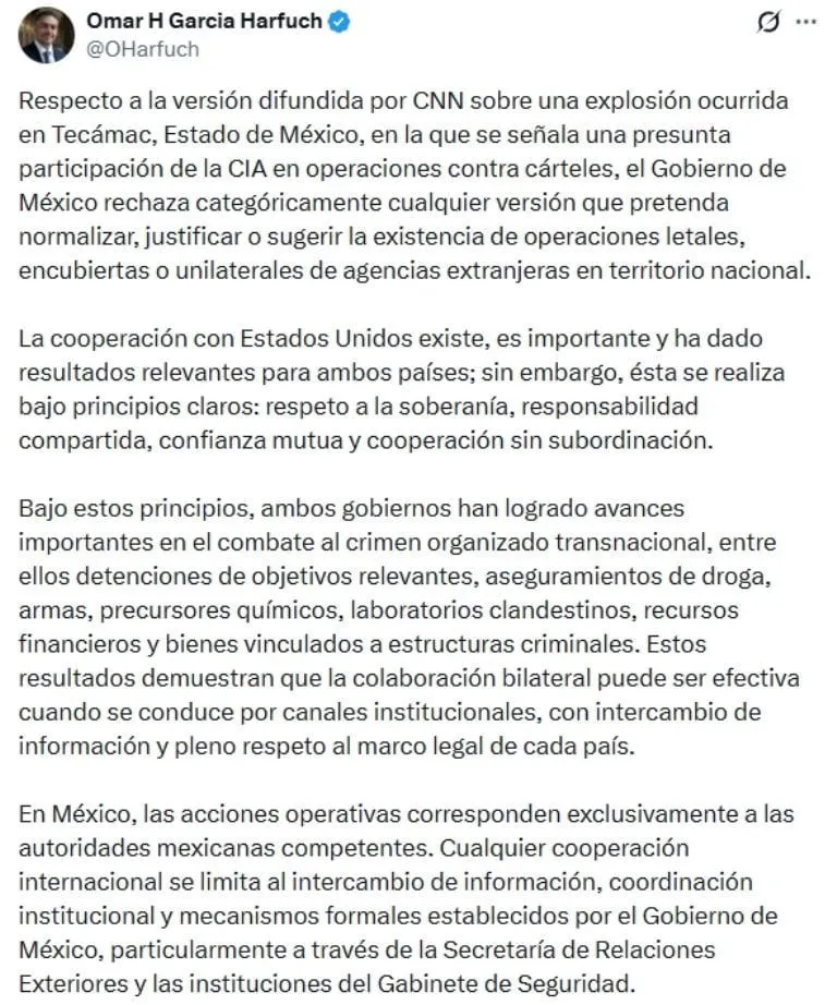García Harfuch rechaza participación de la CIA en explosión en Tecámac que dejó dos muertos ligados al Cártel de Sinaloa
