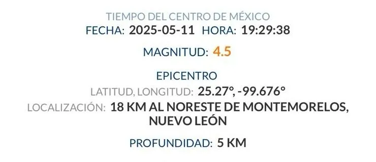 Sismo de 4.5 se registró en Montemorelos, Nuevo León