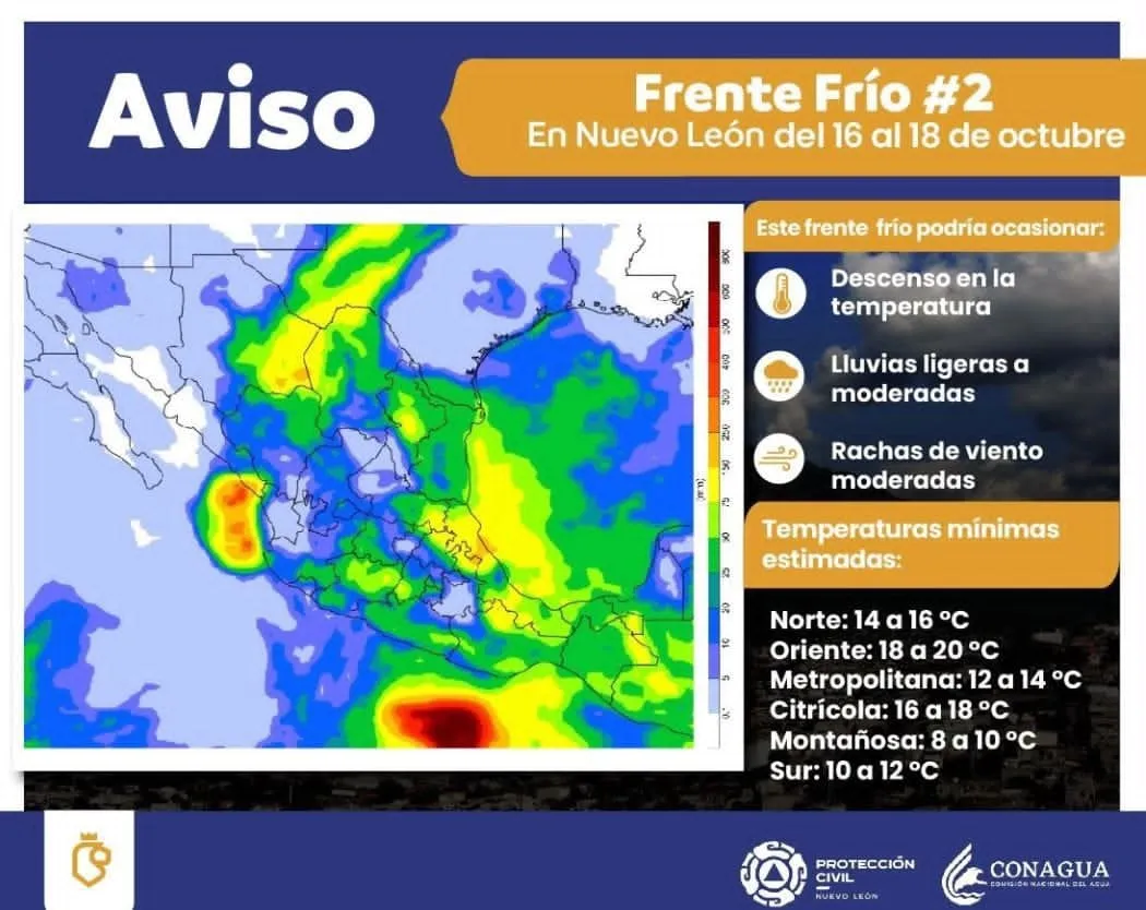 Frente frío traerá lluvias, viento y temperaturas de hasta 12 grados a Nuevo León