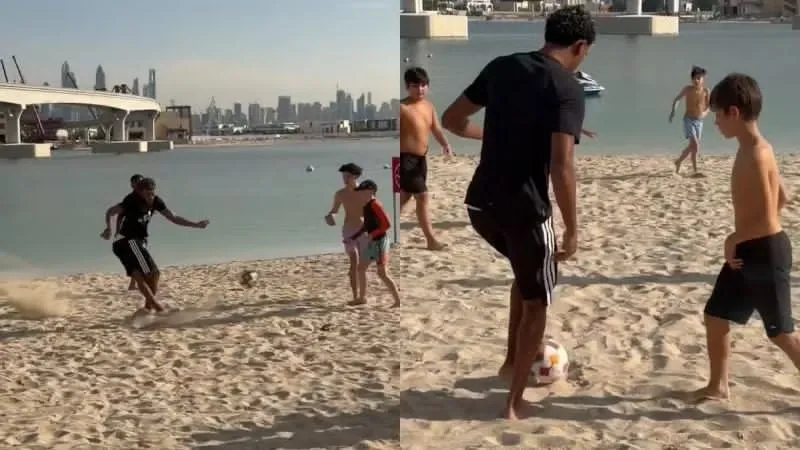 Lamine Yamal juega futbol con niños en una playa de Dubái durante sus vacaciones
