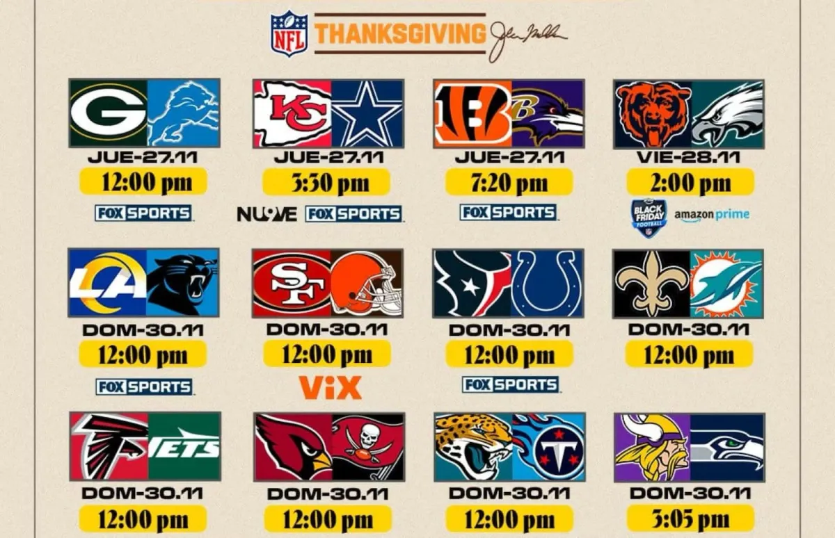 Agenda de partidos NFL en Thanksgiving y Black Friday 2025