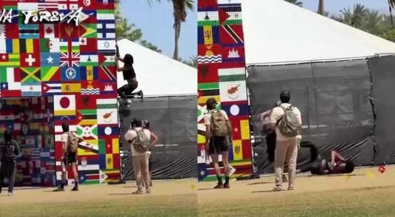 un hombre intenta retirar la bandera de Israel en Coachella, termina en caída y se vuelve viral