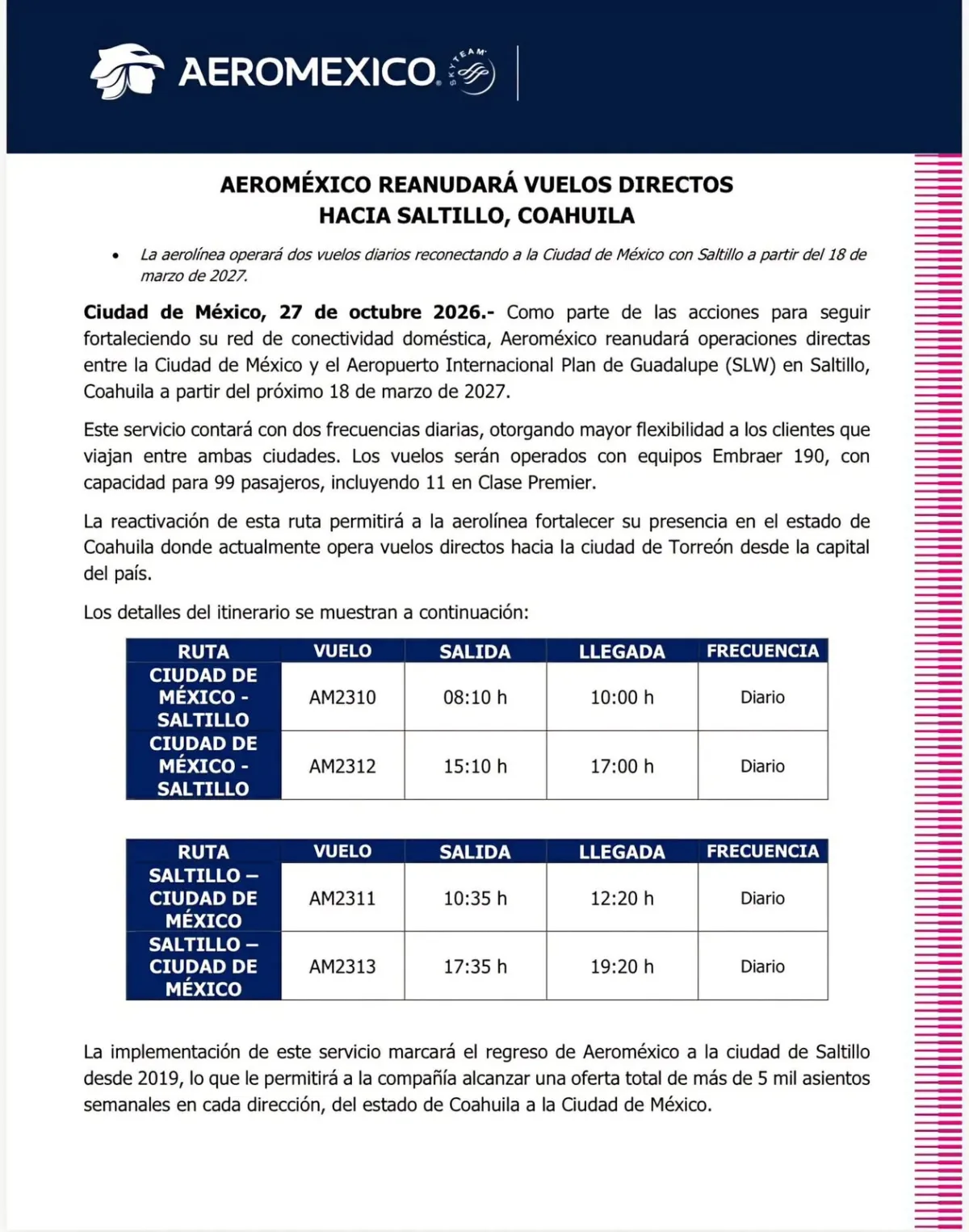 Aeroméxico regresará a Saltillo con dos vuelos diarios a partir de marzo de 2027