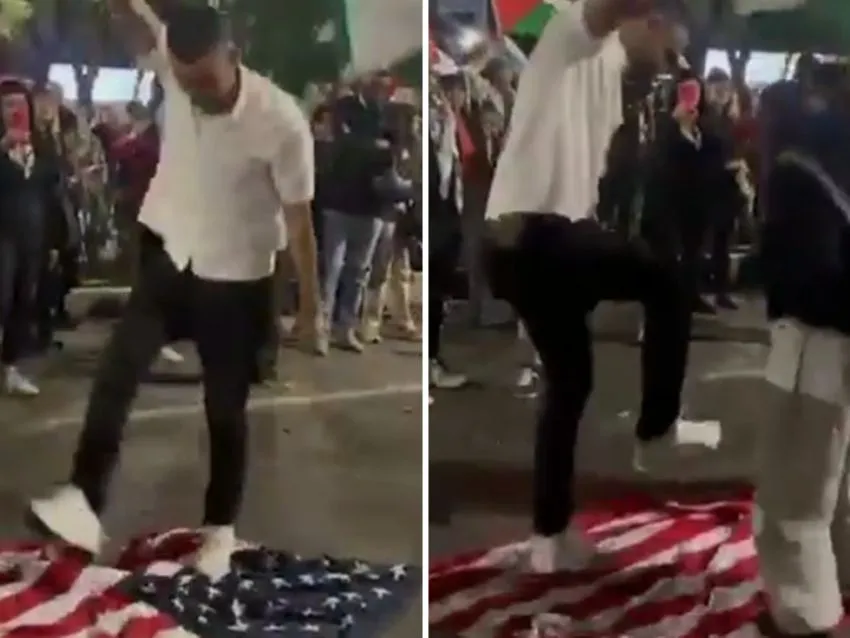 Colectivos pro Palestina en CDMX pisotean bandera de Estados Unidos